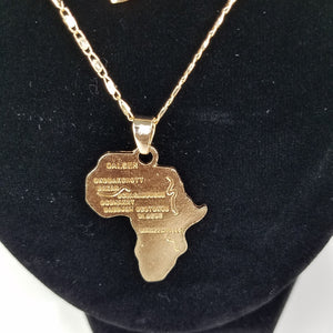 Multi-Layered Gold-Plated Necklace; Elephant, African Royalty, and Africa Map Pendant