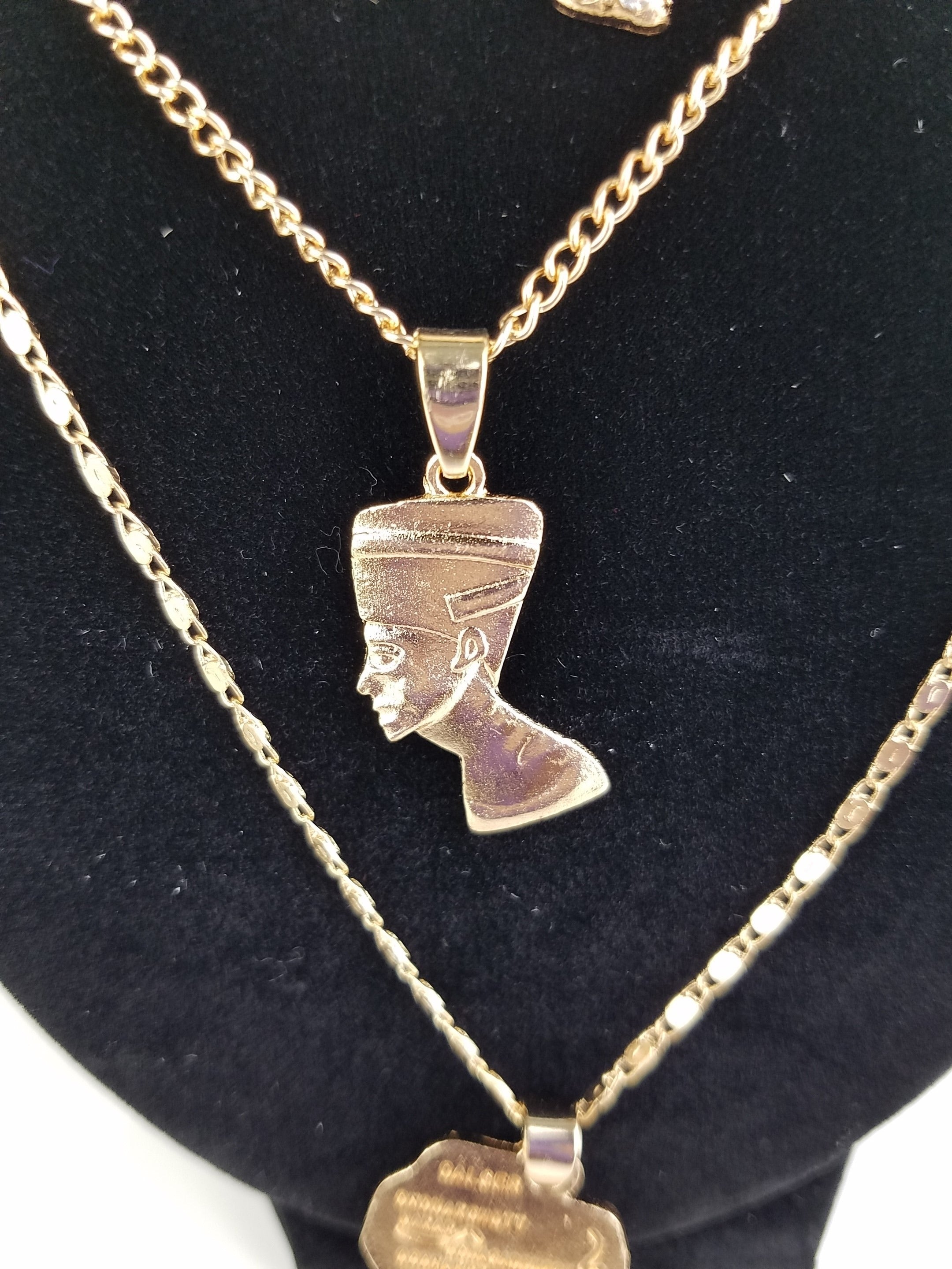 Multi-Layered Gold-Plated Necklace; Elephant, African Royalty, and Africa Map Pendant