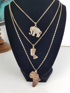 Multi-Layered Gold-Plated Necklace; Elephant, African Royalty, and Africa Map Pendant