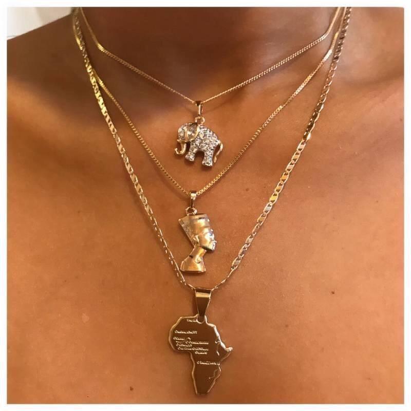 Multi-Layered Gold-Plated Necklace; Elephant, African Royalty, and Africa Map Pendant