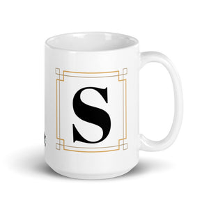 White Framed "S" Monogram Mug by Africa Creates Art