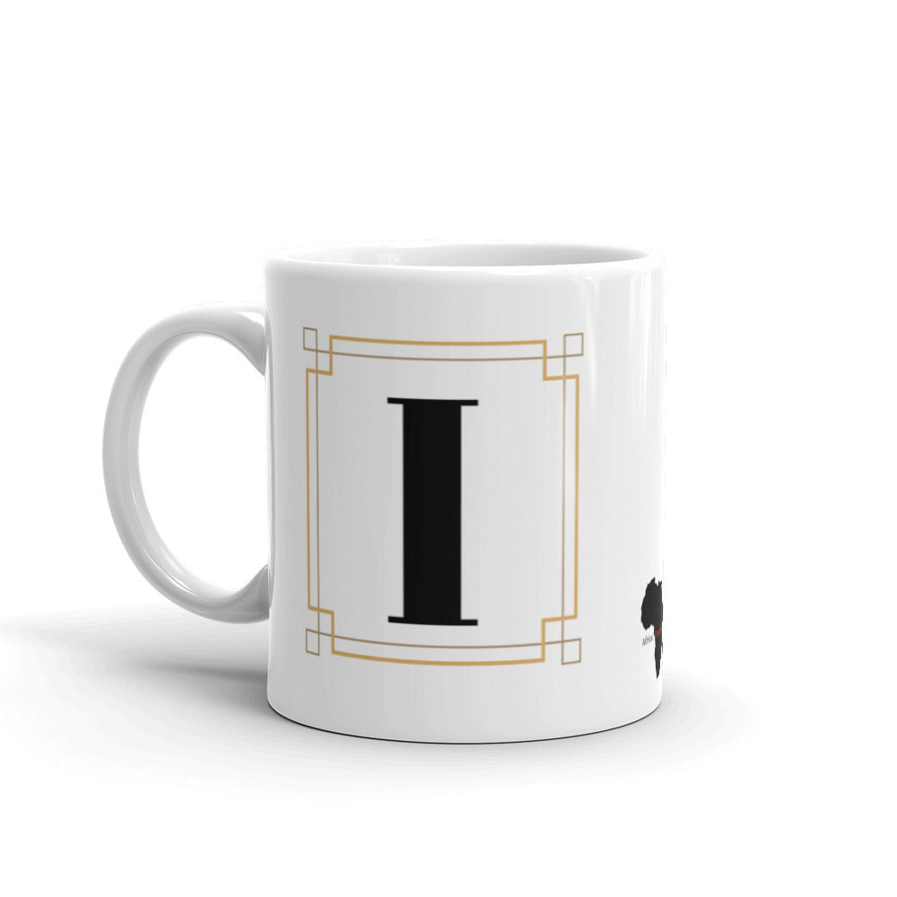 White Framed "I" Monogram Mug by Africa Creates Art