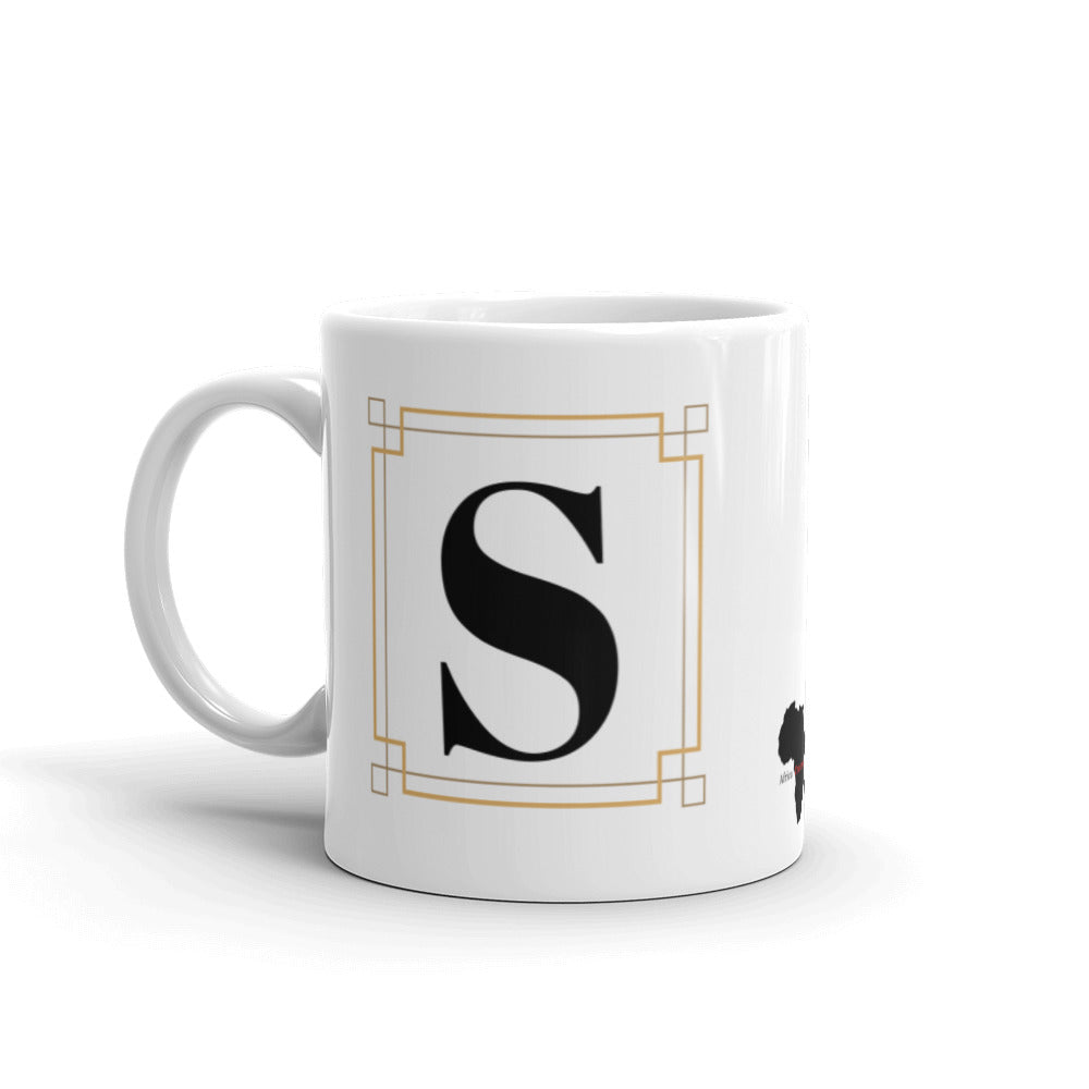 White Framed "S" Monogram Mug by Africa Creates Art