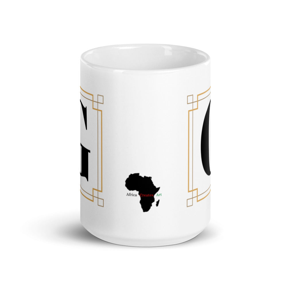 White Framed "G" Monogram Mug by Africa Creates Art