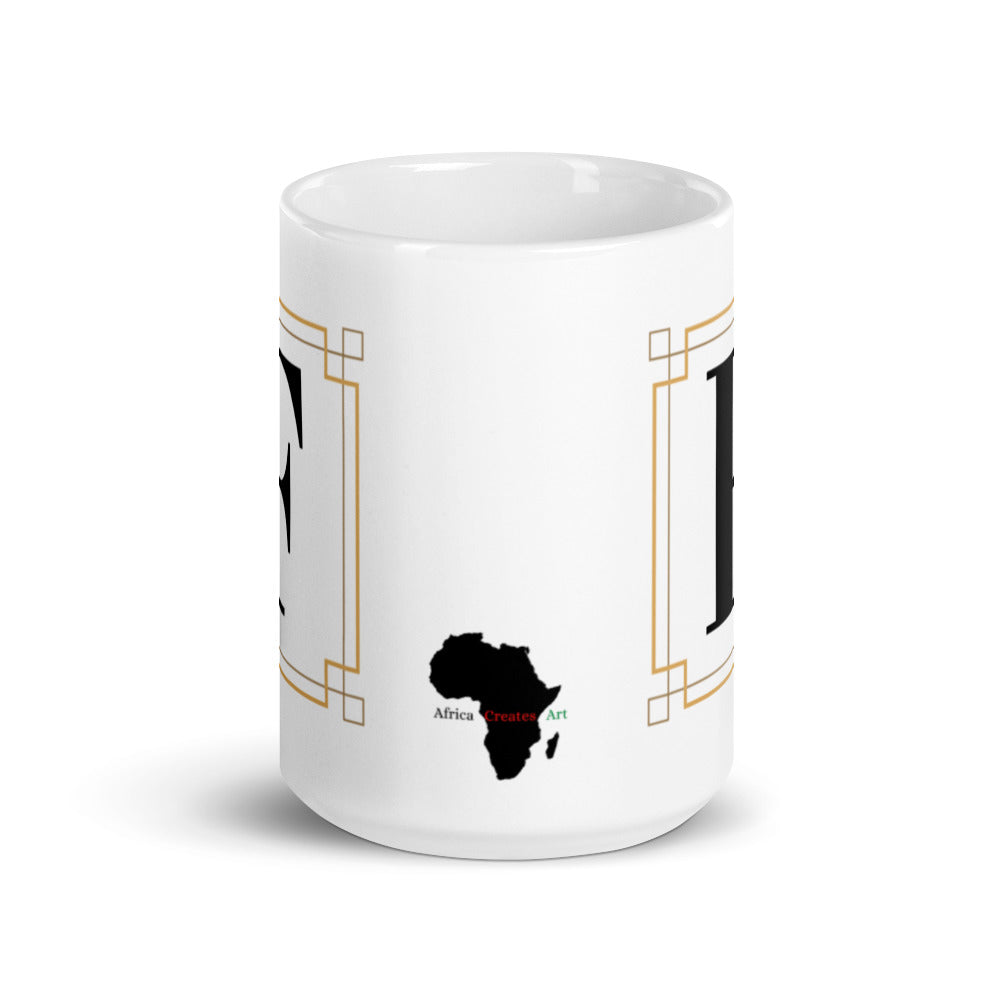 White Framed "F" Monogram Mug by Africa Creates Art