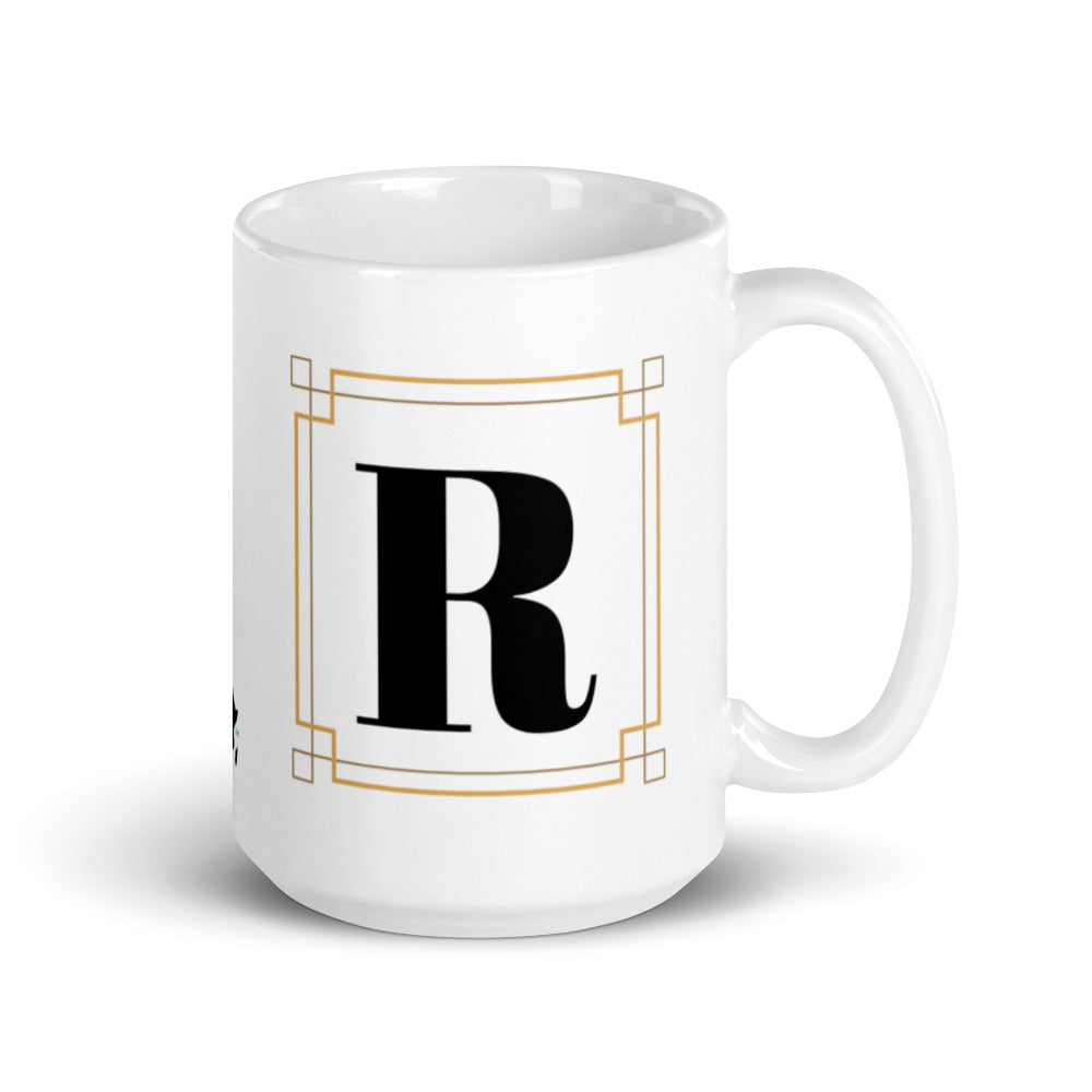 White Framed "R" Monogram Mug by Africa Creates Art