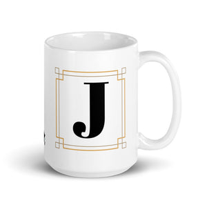 White Framed "J" Monogram Mug by Africa Creates Art