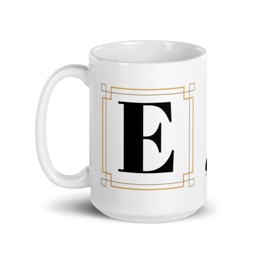 White Framed "E" Monogram Mug by Africa Creates Art