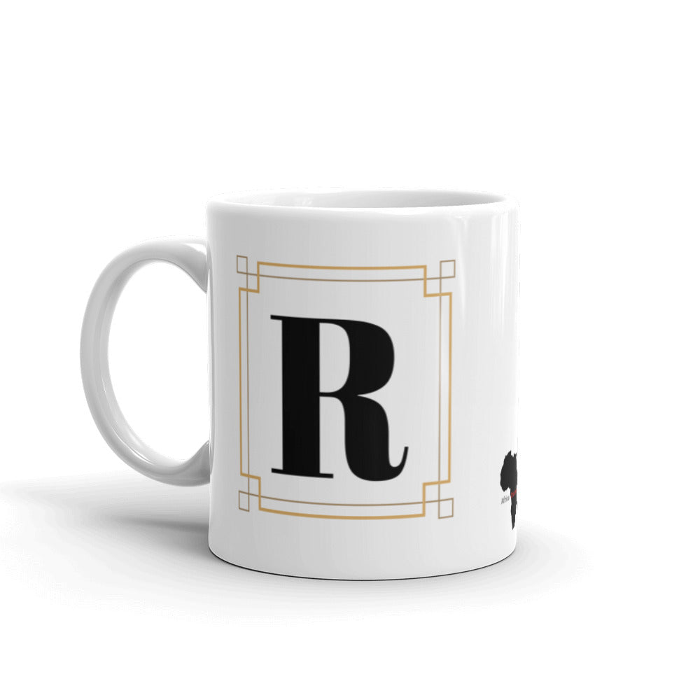 White Framed "R" Monogram Mug by Africa Creates Art