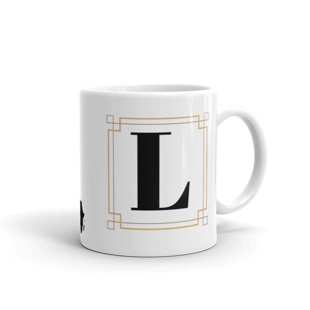 White Framed "L" Monogram Mug by Africa Creates Art