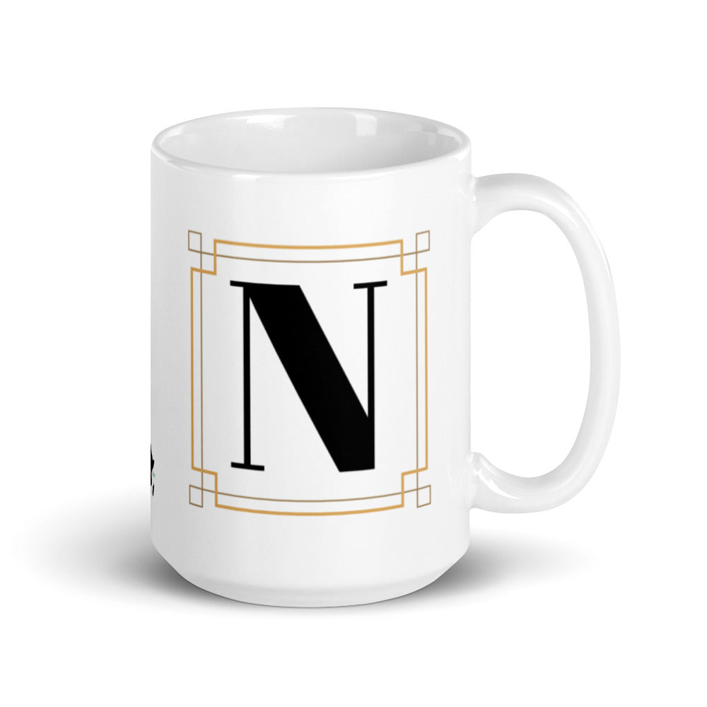 White Framed "N" Monogram Mug by Africa Creates Art