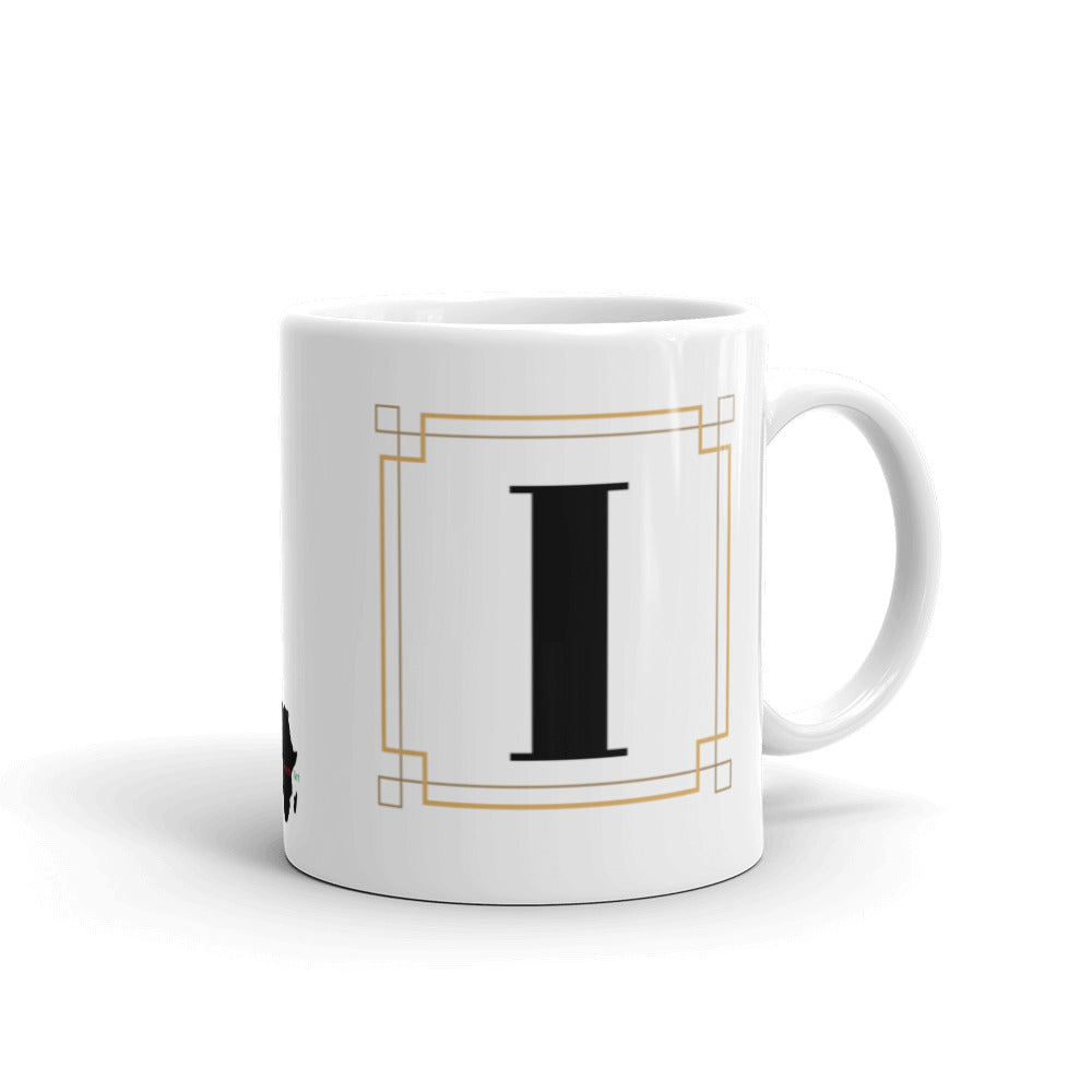 White Framed "I" Monogram Mug by Africa Creates Art