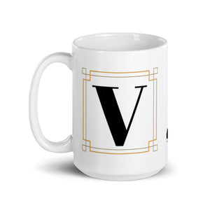 White Framed "V" Monogram Mug by Africa Creates Art