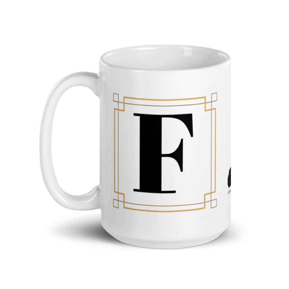 White Framed "F" Monogram Mug by Africa Creates Art