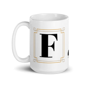 White Framed "F" Monogram Mug by Africa Creates Art