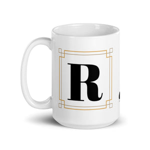 White Framed "R" Monogram Mug by Africa Creates Art