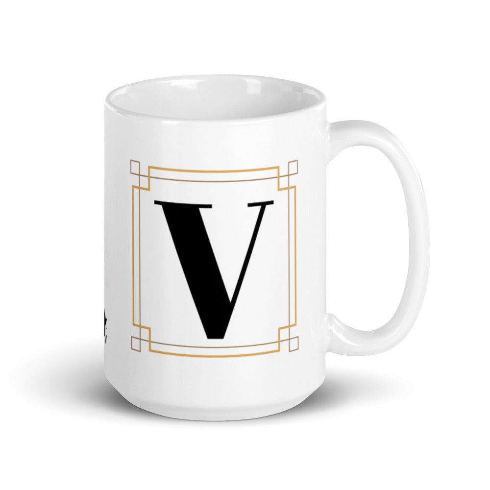 White Framed "V" Monogram Mug by Africa Creates Art