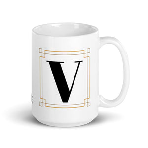 White Framed "V" Monogram Mug by Africa Creates Art