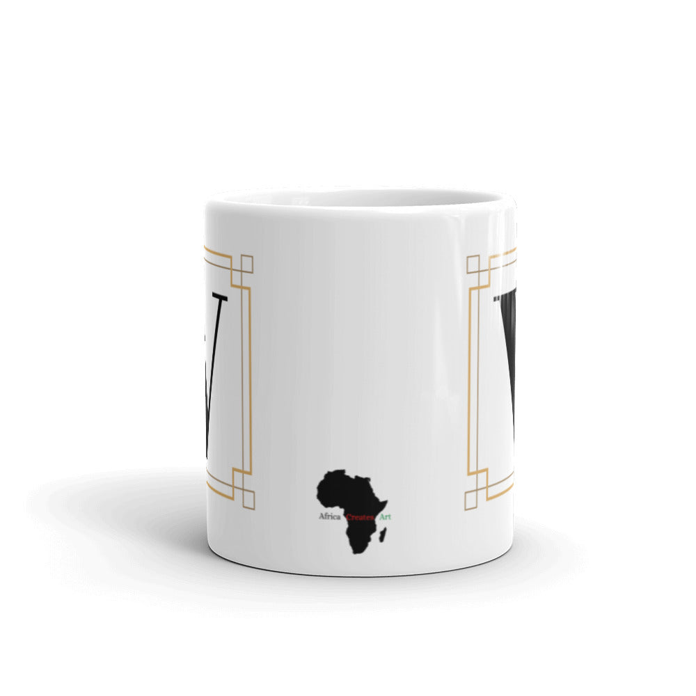 White Framed "V" Monogram Mug by Africa Creates Art