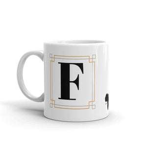 White Framed "F" Monogram Mug by Africa Creates Art