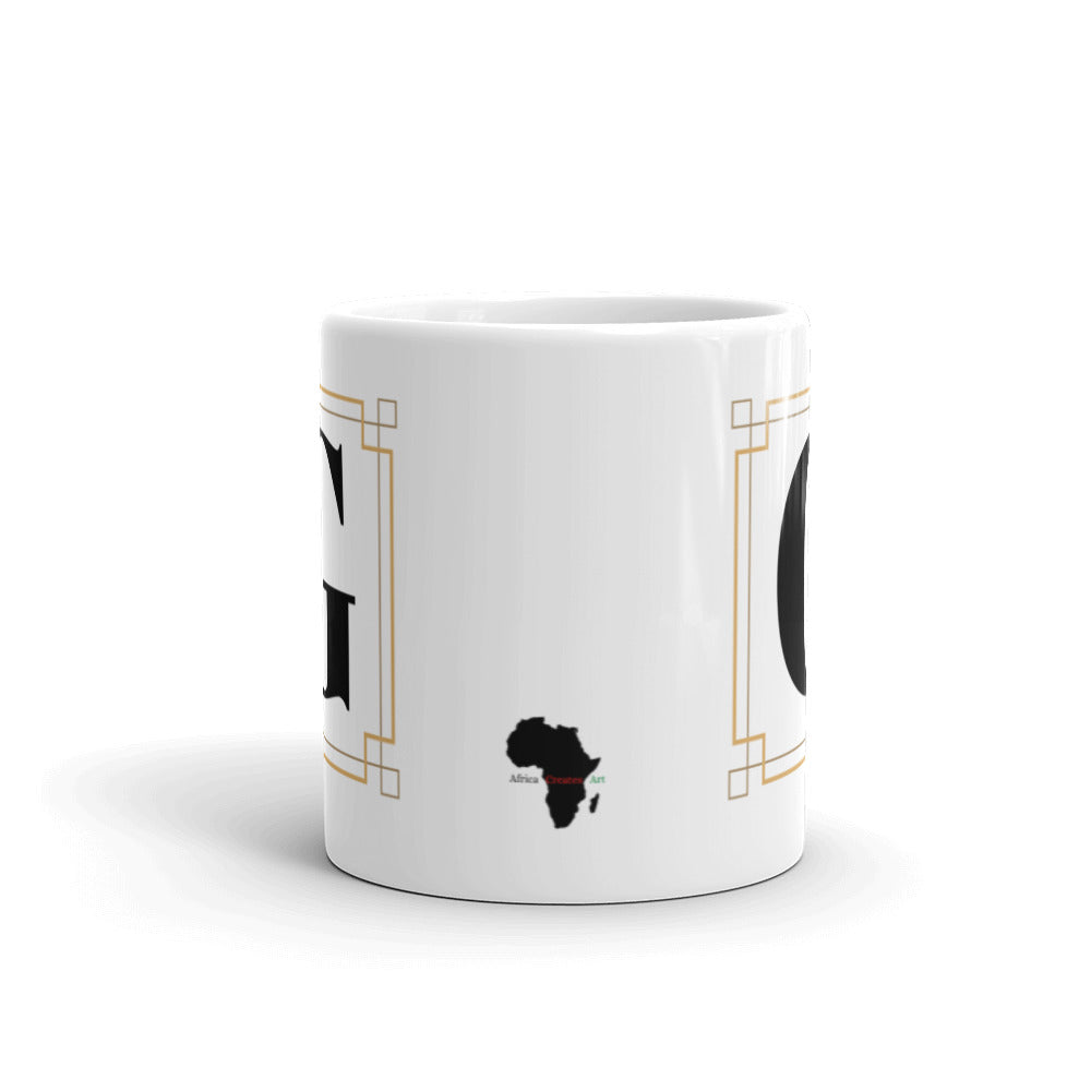 White Framed "G" Monogram Mug by Africa Creates Art