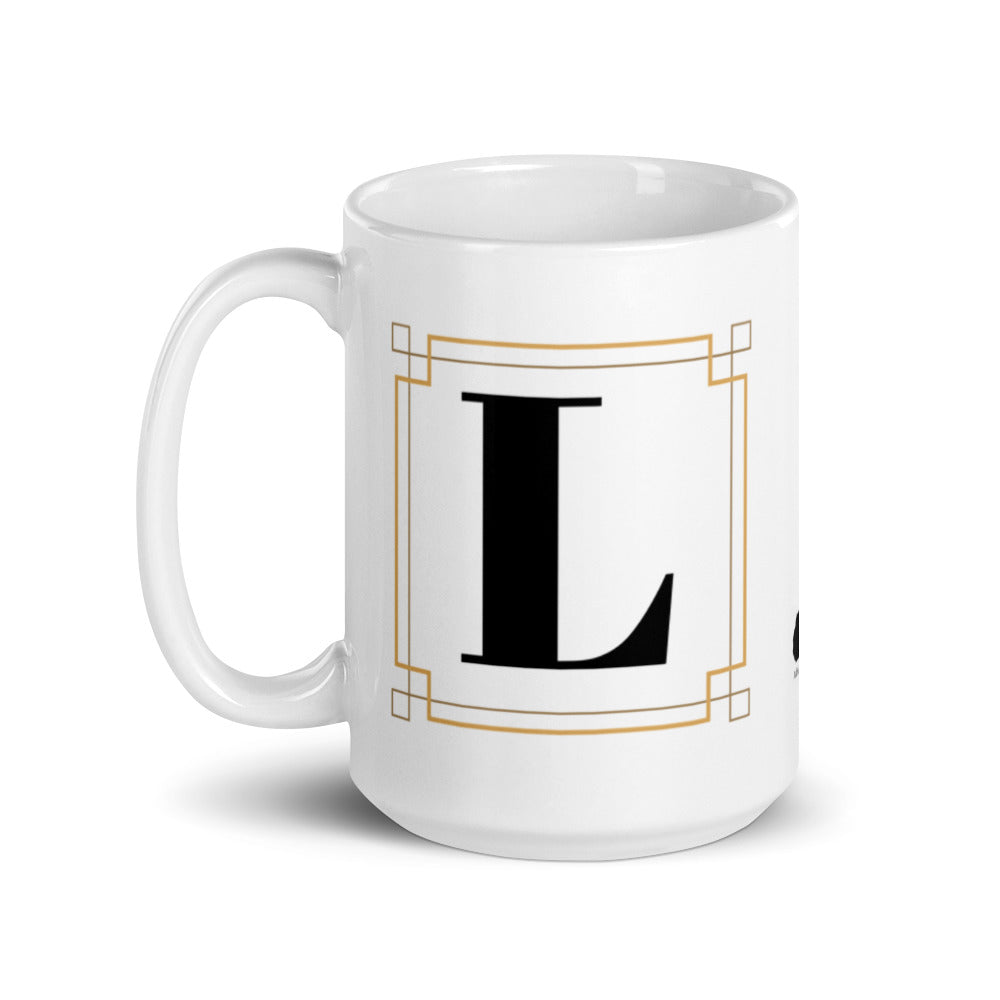 White Framed "L" Monogram Mug by Africa Creates Art