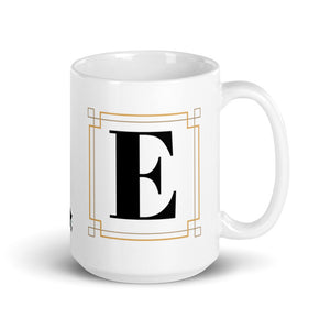 White Framed "E" Monogram Mug by Africa Creates Art