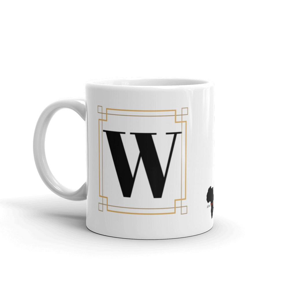 White Framed "W" Monogram Mug by Africa Creates Art