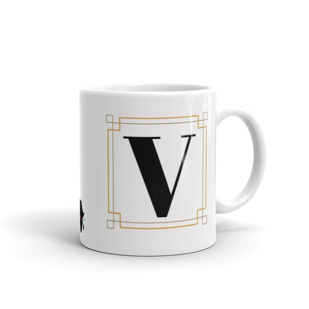 White Framed "V" Monogram Mug by Africa Creates Art