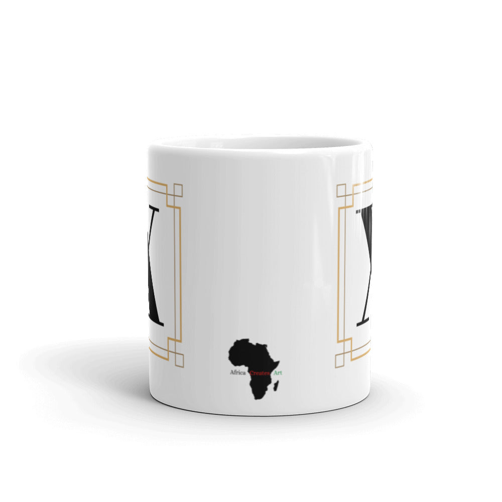 White Framed "X" Monogram Mug by Africa Creates Art