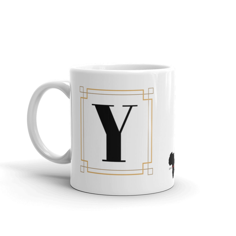 White Framed "Y" Monogram Mug by Africa Creates Art