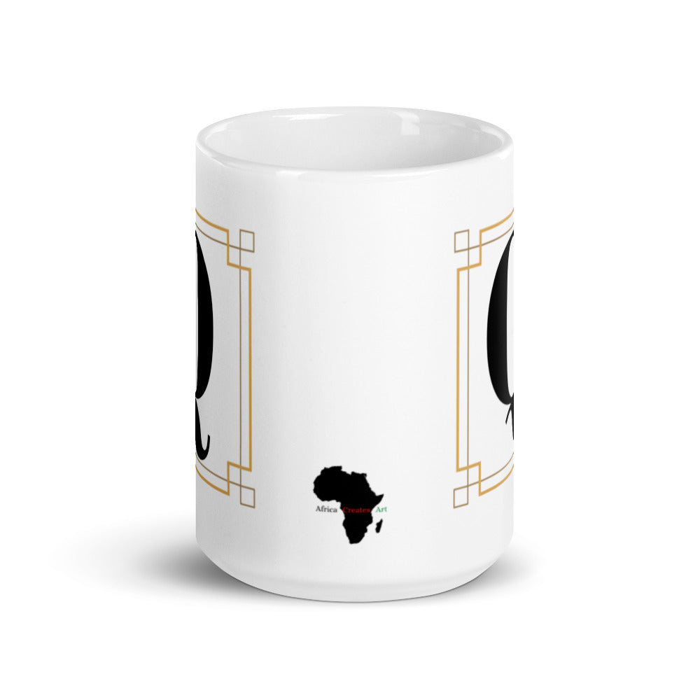 White Framed "Q" Monogram Mug by Africa Creates Art