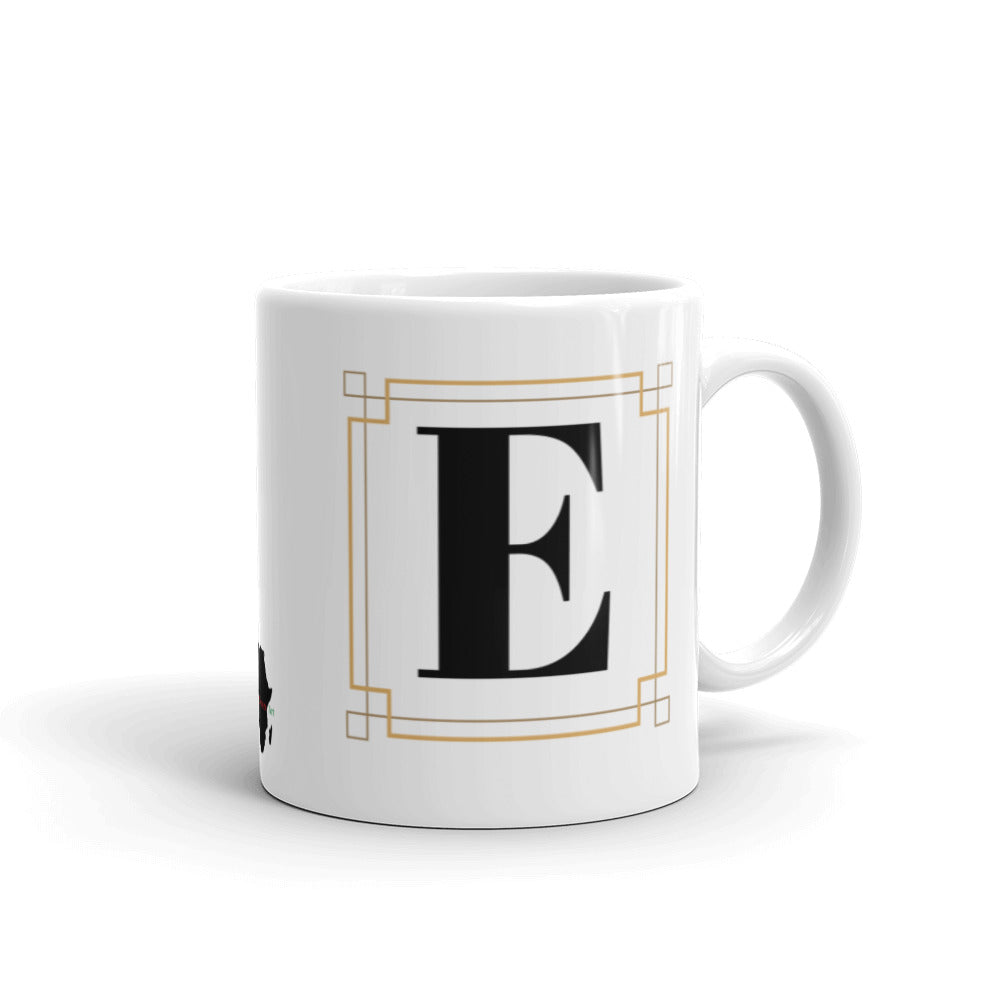 White Framed "E" Monogram Mug by Africa Creates Art