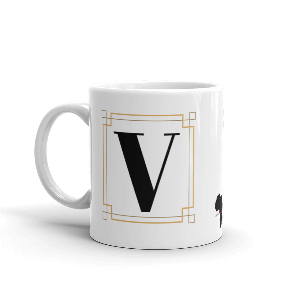 White Framed "V" Monogram Mug by Africa Creates Art