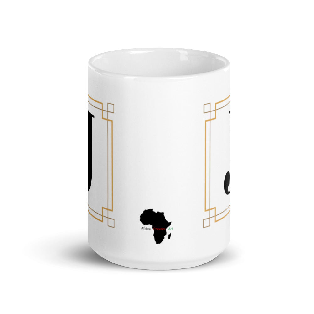 White Framed "J" Monogram Mug by Africa Creates Art