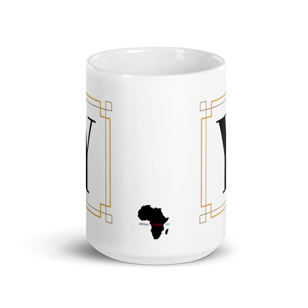 White Framed "Y" Monogram Mug by Africa Creates Art