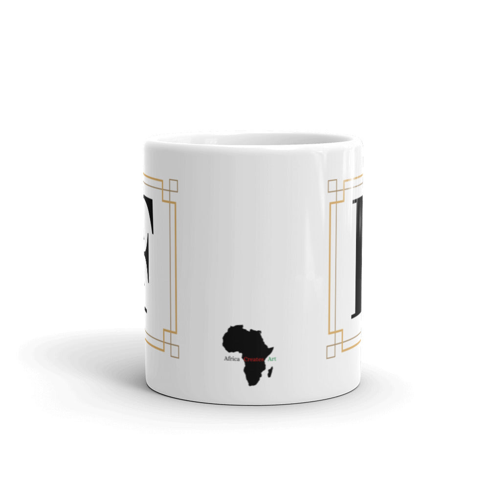 White Framed "F" Monogram Mug by Africa Creates Art