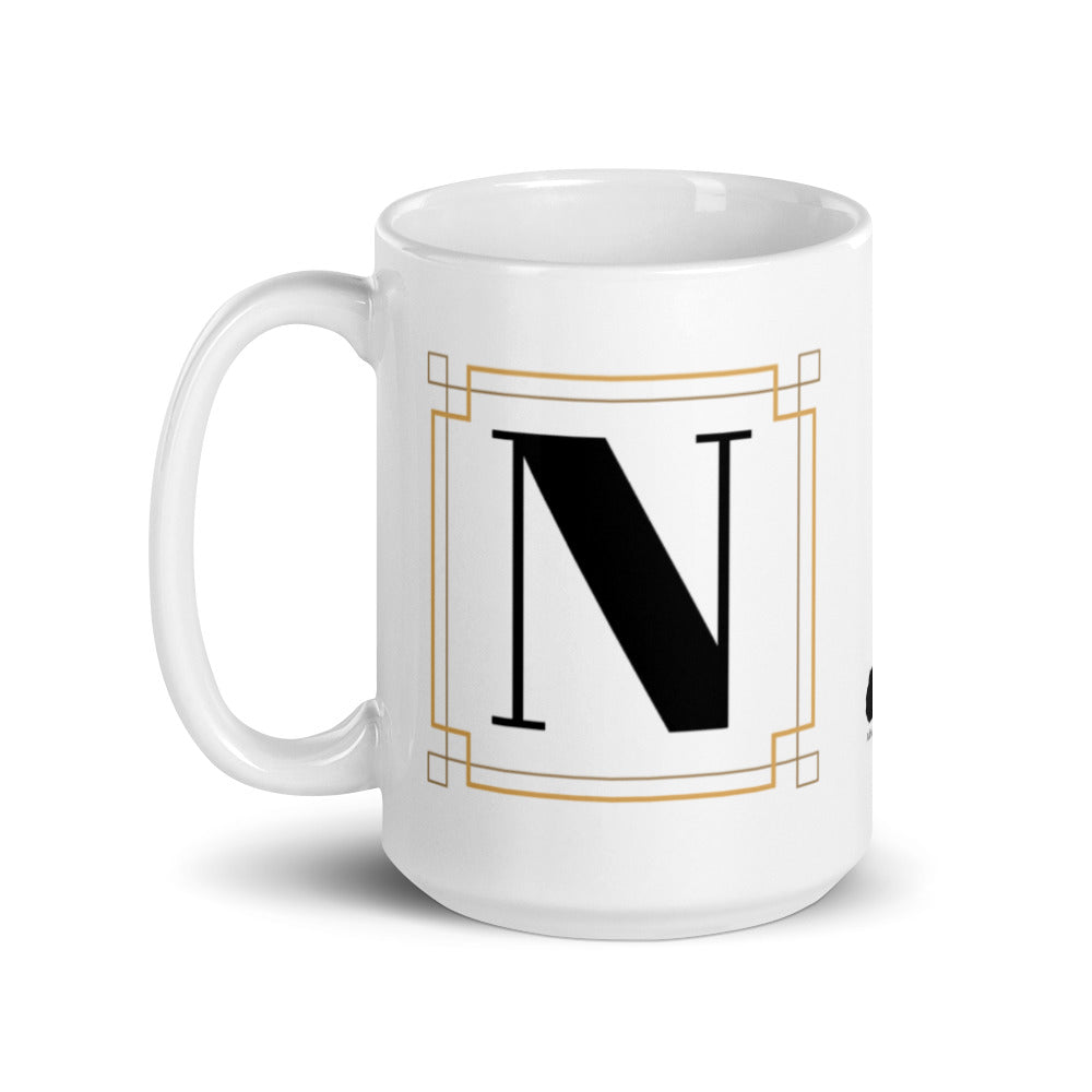 White Framed "N" Monogram Mug by Africa Creates Art