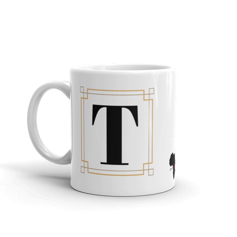 White Framed "T" Monogram Mug by Africa Creates Art