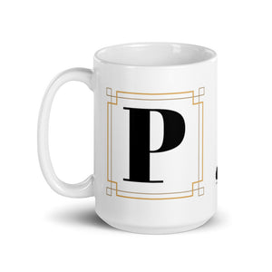 White Framed "P" Monogram Mug by Africa Creates Art