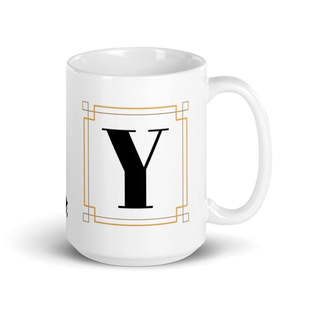 White Framed "Y" Monogram Mug by Africa Creates Art