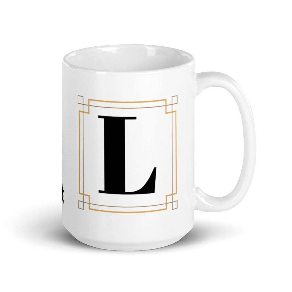 White Framed "L" Monogram Mug by Africa Creates Art