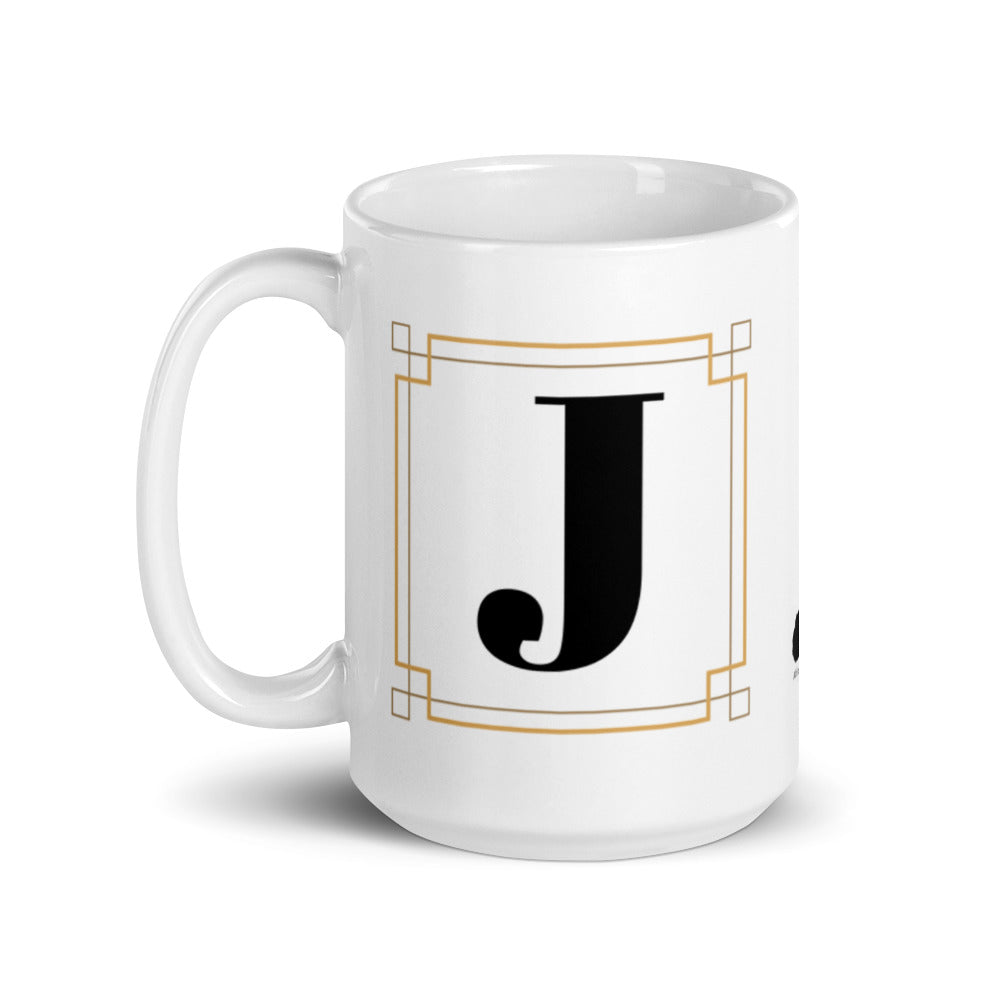 White Framed "J" Monogram Mug by Africa Creates Art