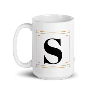 White Framed "S" Monogram Mug by Africa Creates Art