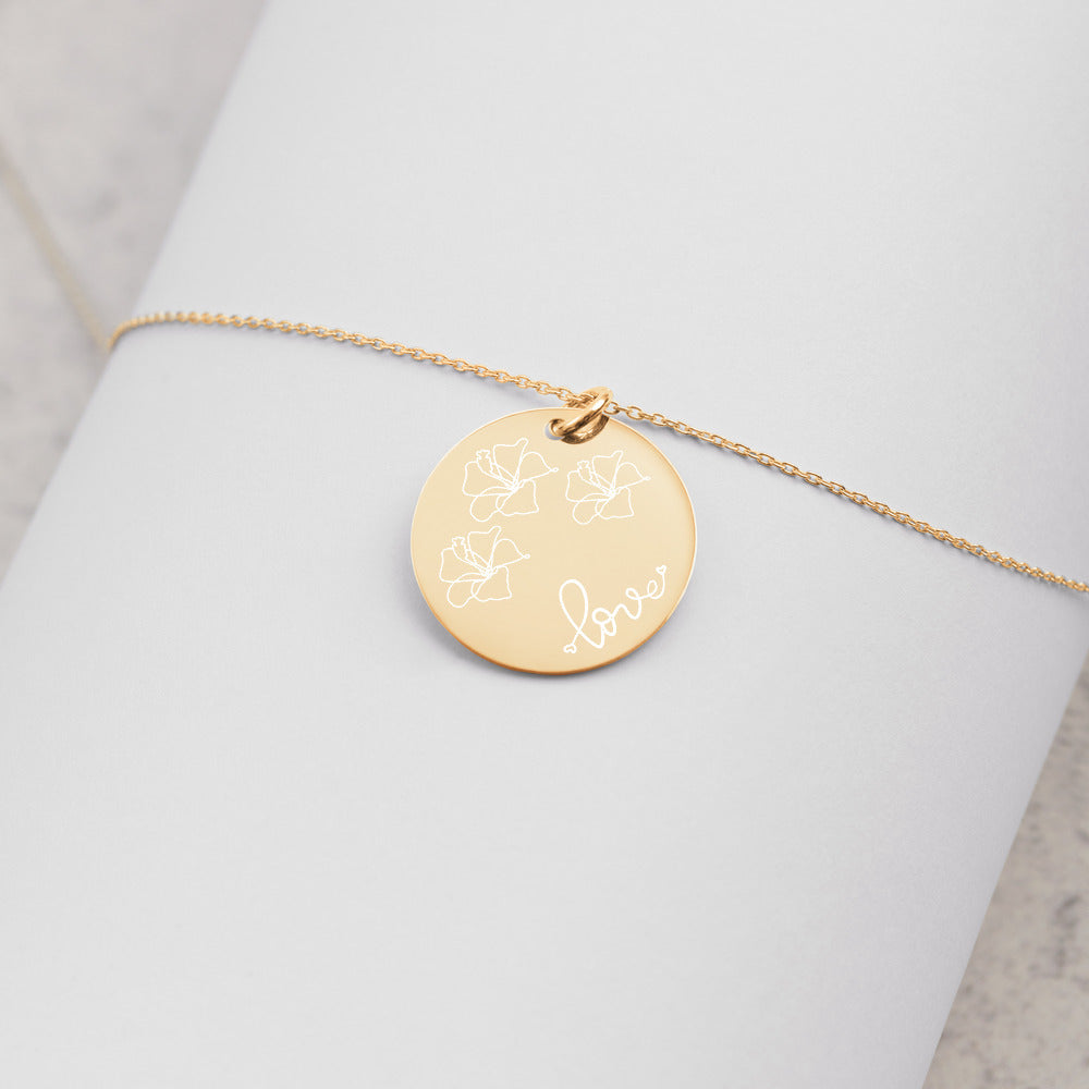 Love for Hibiscus Engraved Disc Necklace