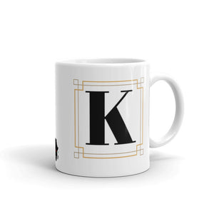 White Framed "K" Monogram Mug by Africa Creates Art