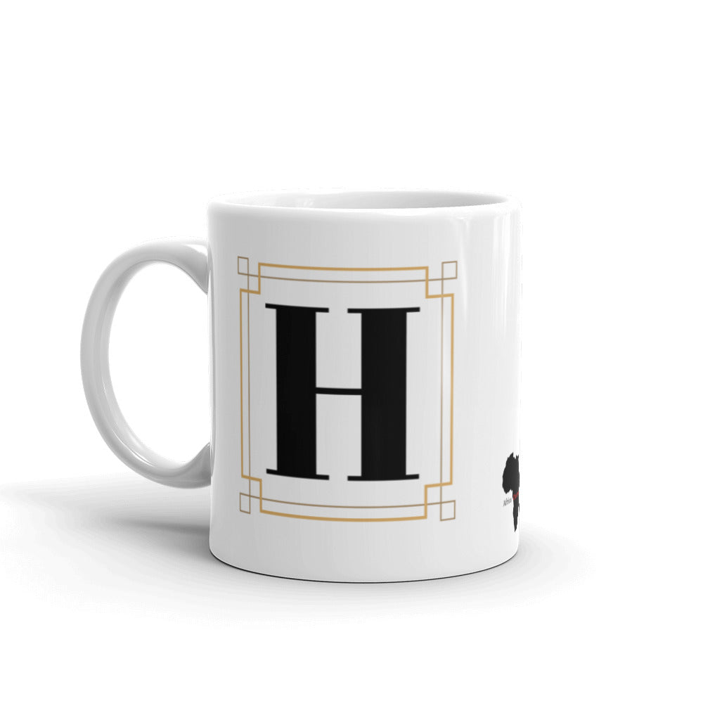 White Framed "H" Monogram Mug by Africa Creates Art