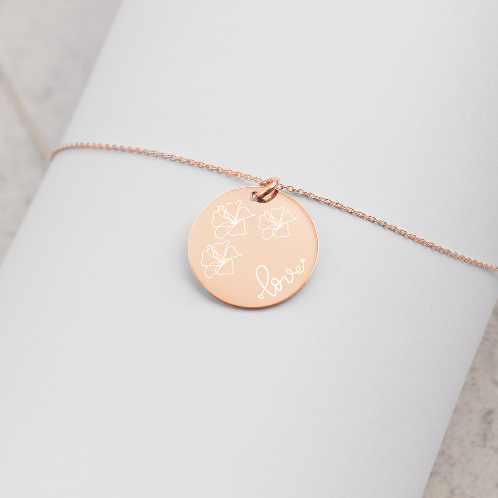 Love for Hibiscus Engraved Disc Necklace