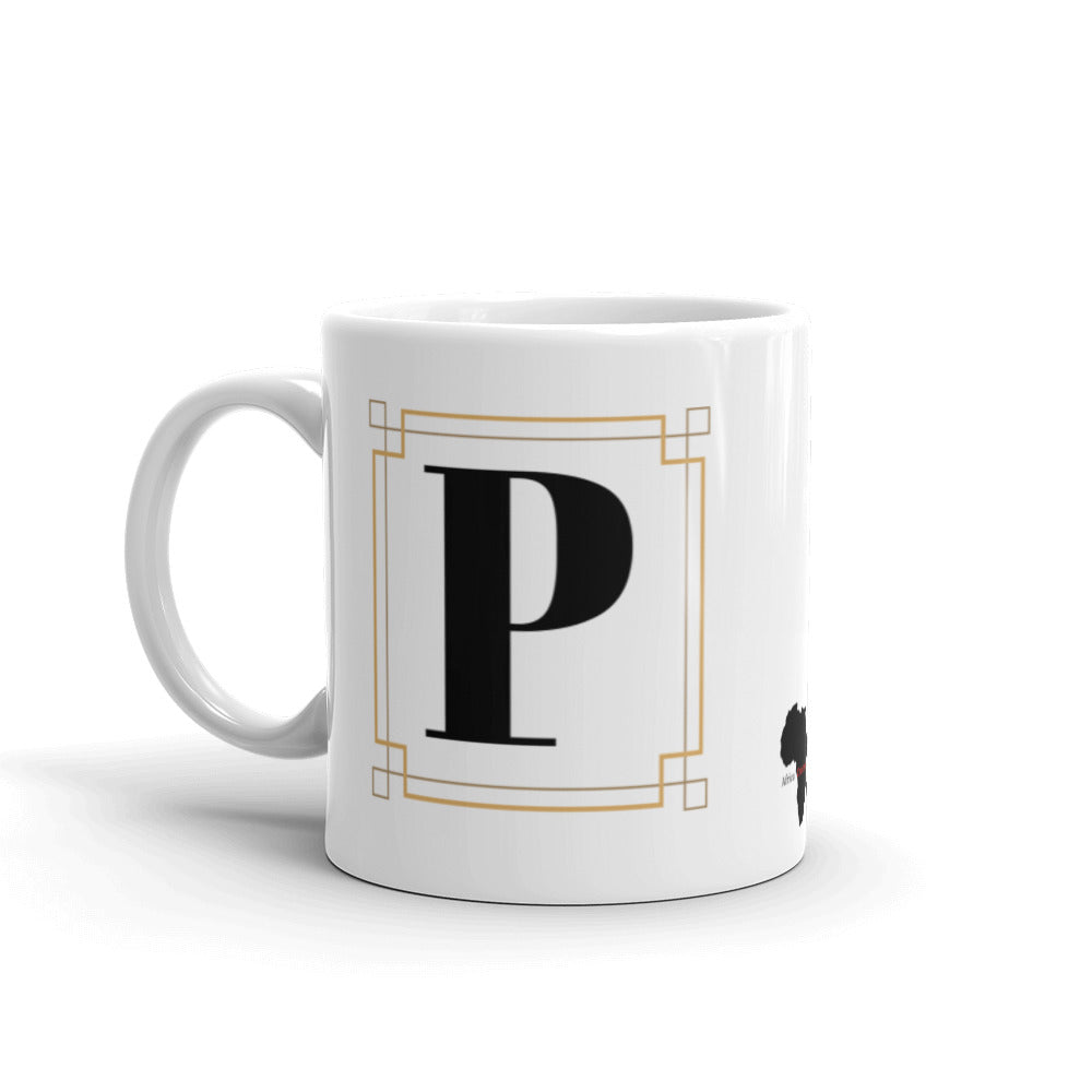 White Framed "P" Monogram Mug by Africa Creates Art