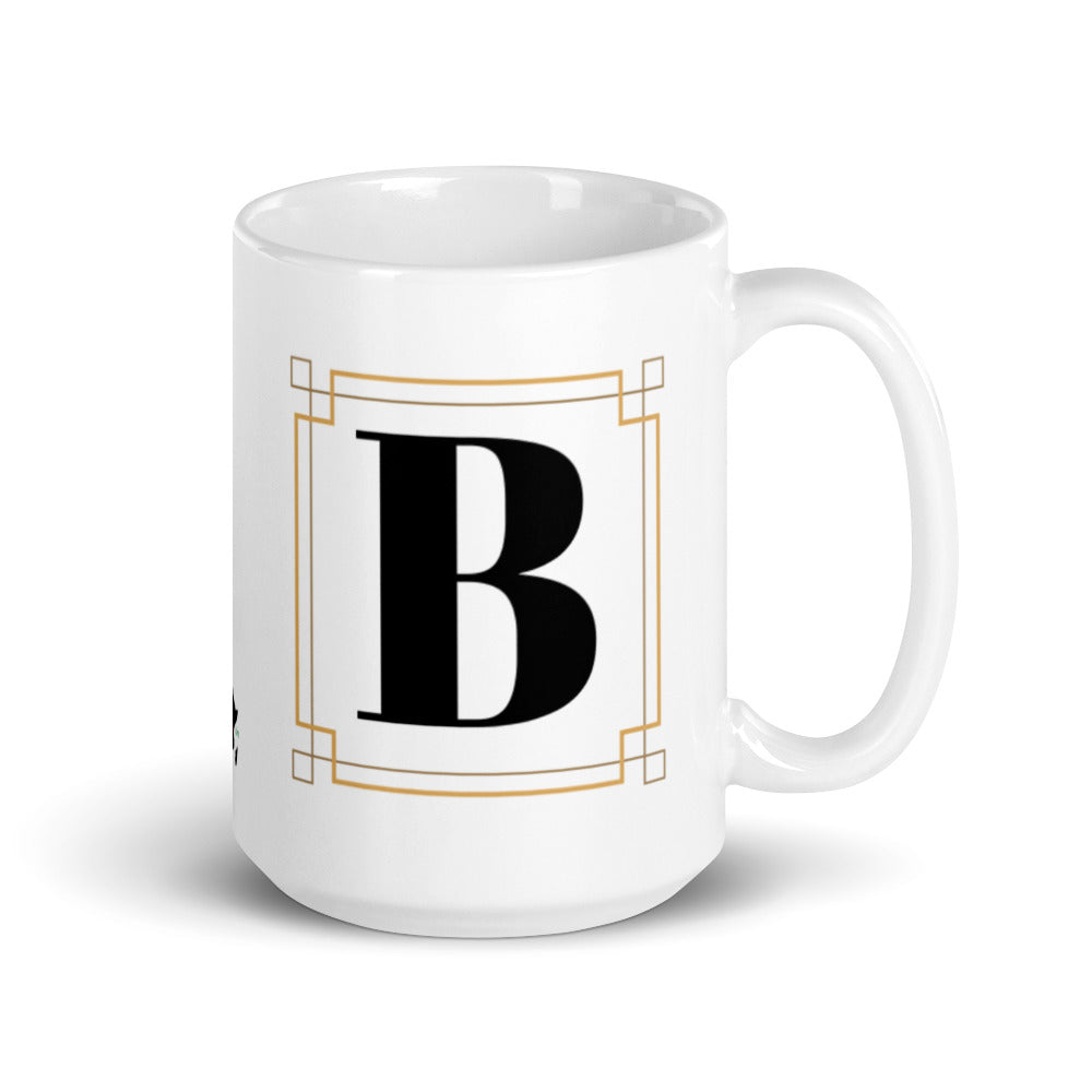 White Framed "B" Monogram Mug by Africa Creates Art